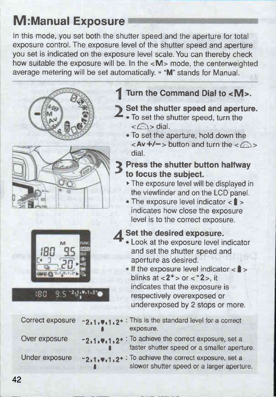 I turn the command dial to <m, Set the shutter speed and aperture, 5 press the shutter button halfway | To focus the subject, A set the desired exposure, M:manual exposure | Canon Rebel Ti 300V User Manual | Page 42 / 60
