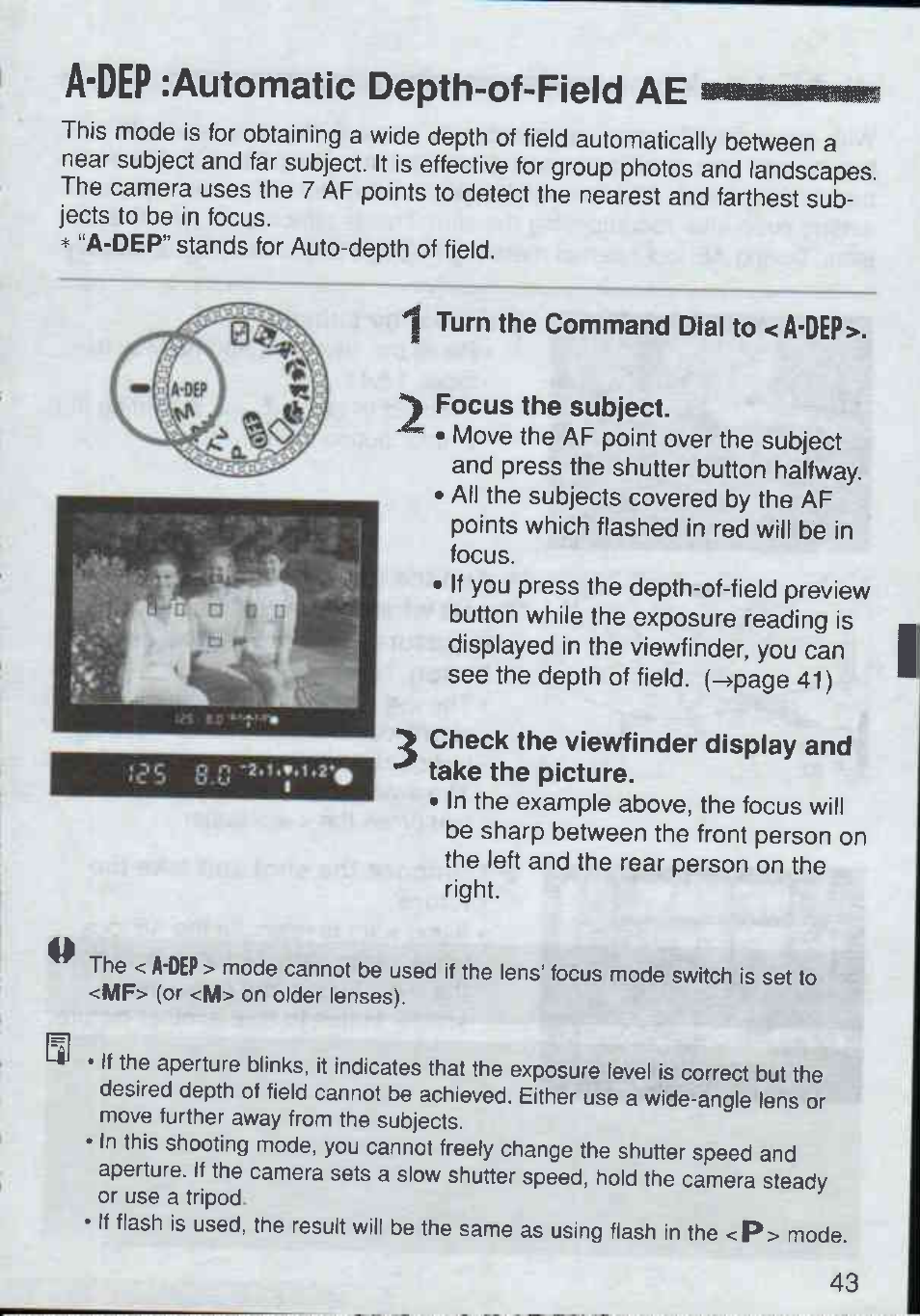Turn the command dial to < a-dep, Focus the subject, Check the viewfinder display and take the picture | A’dep :automatic depth-of-field ae, A-dep | Canon Rebel Ti 300V User Manual | Page 43 / 60