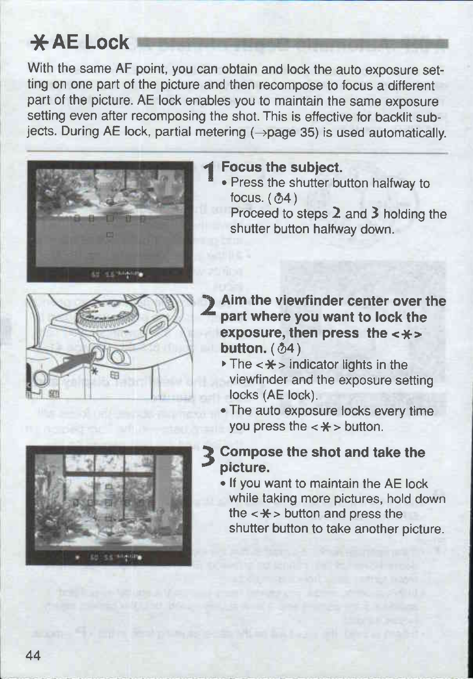 Ae lock, Focus the subject | Canon Rebel Ti 300V User Manual | Page 44 / 60