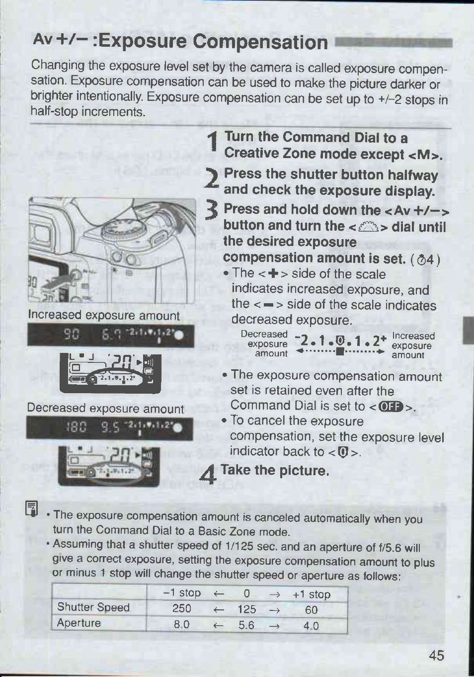 Av+/- lexposure compensation, Av+/~: exposure compensation, Lexposure compensation | Canon Rebel Ti 300V User Manual | Page 45 / 60