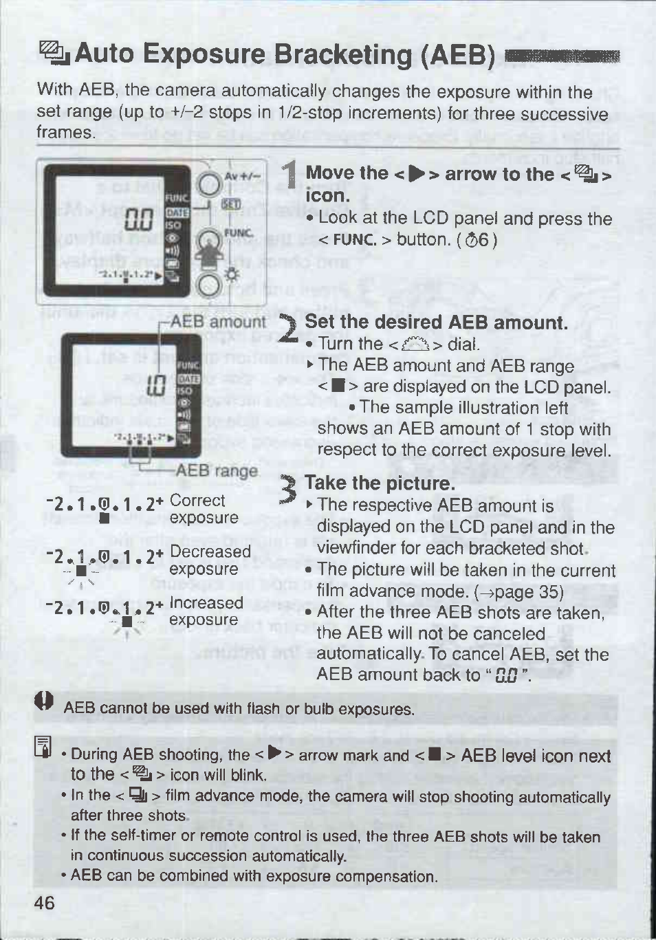 Auto exposure bracketing (aeb), Set the desired aeb amount | Canon Rebel Ti 300V User Manual | Page 46 / 60