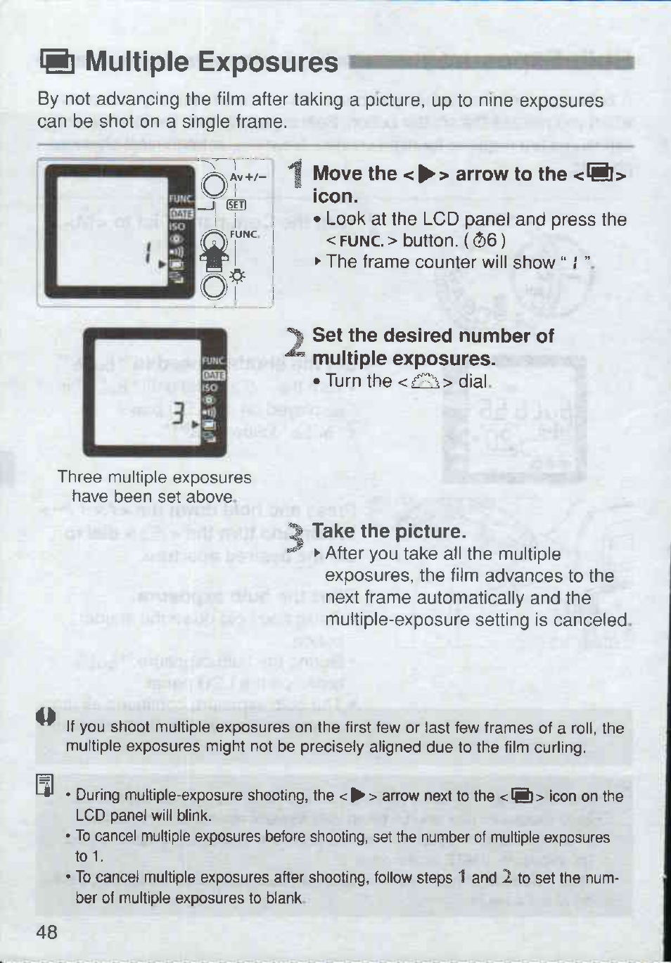 Move the <^> arrow to the <>b> icon, Set the desired number of muitipie exposures, Take the picture | Multiple exposures | Canon Rebel Ti 300V User Manual | Page 48 / 60