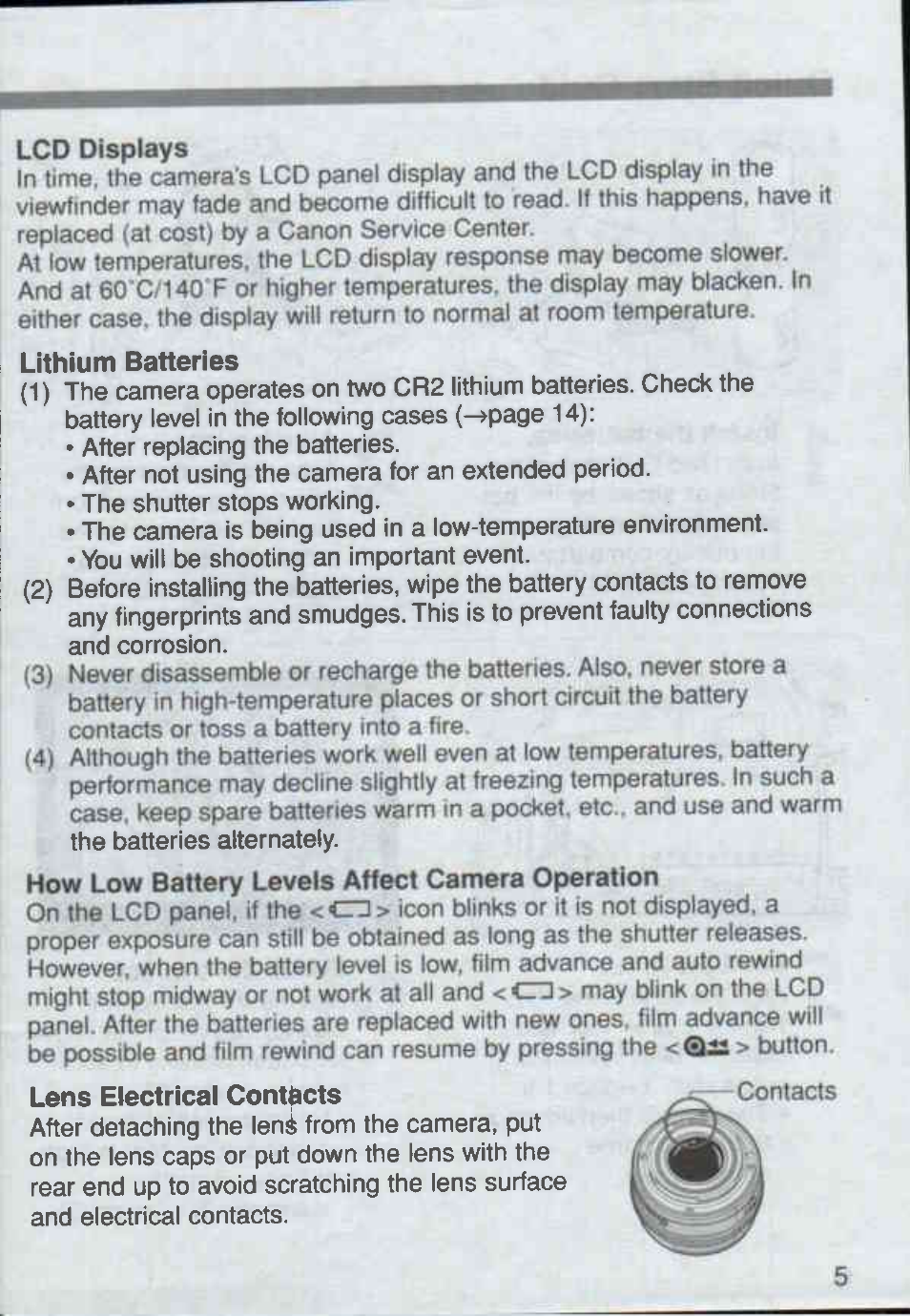 Lcd displays, Lithium batteries, Lens electrical contacts contacts | Canon Rebel Ti 300V User Manual | Page 5 / 60