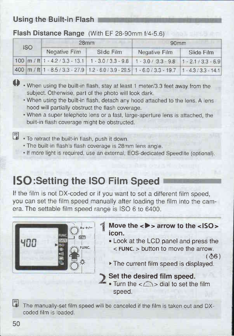 Using the built-in flash, Iso:setting the iso film speed, Move the < ► > arrow to the < iso > icon | Y set the desired film speed, Set the desired film speed | Canon Rebel Ti 300V User Manual | Page 50 / 60