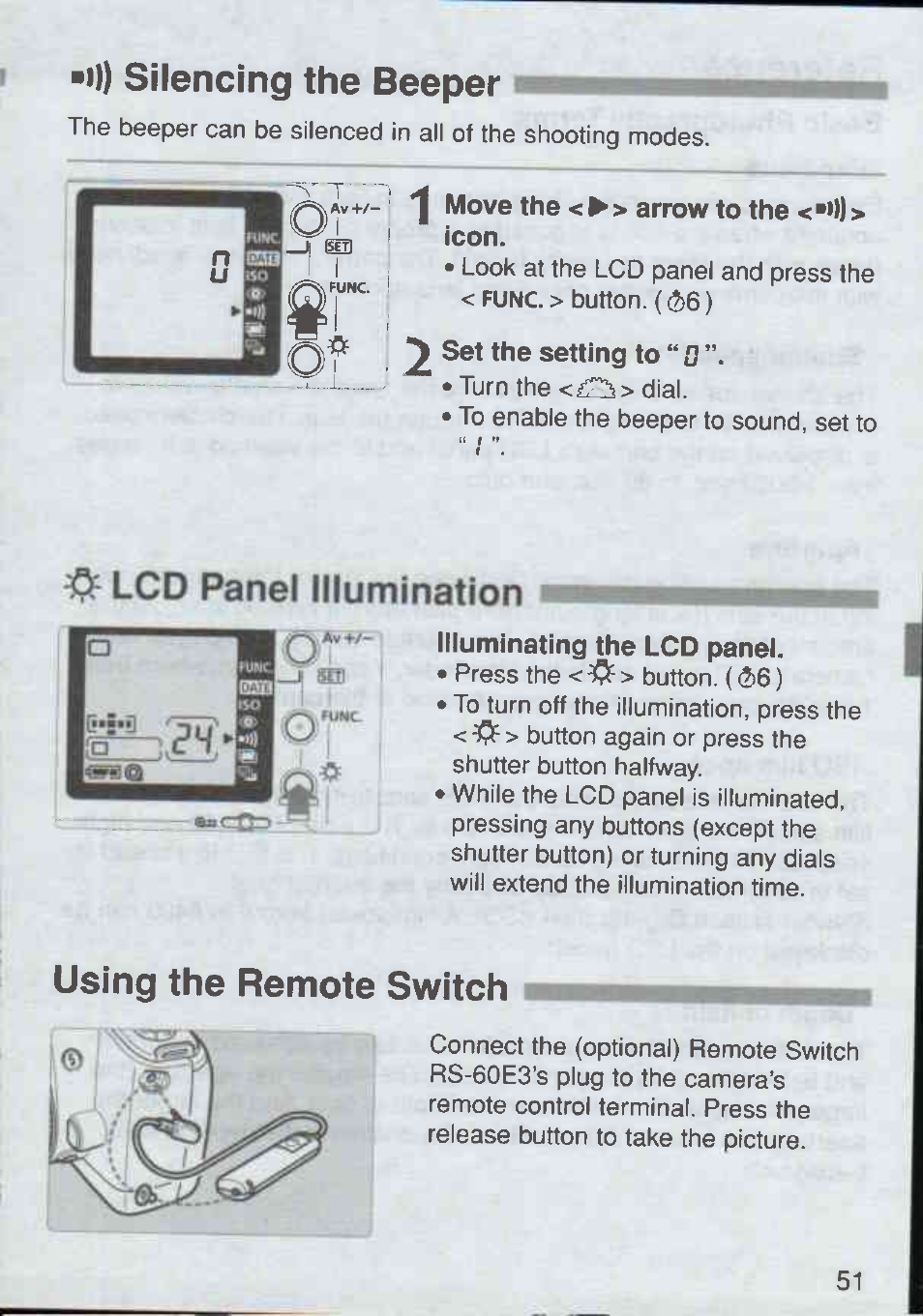 F move the < ^ > arrow to the < ■>)) > icon, Illuminating the lcd panel, Using the remote switch | Lcd panel illumination, Silencing the beeper | Canon Rebel Ti 300V User Manual | Page 51 / 60