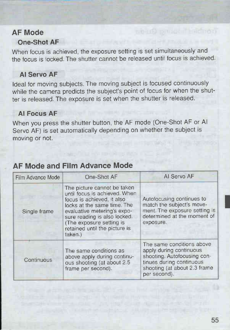 Af mode, Af mode and film advance mode | Canon Rebel Ti 300V User Manual | Page 55 / 60