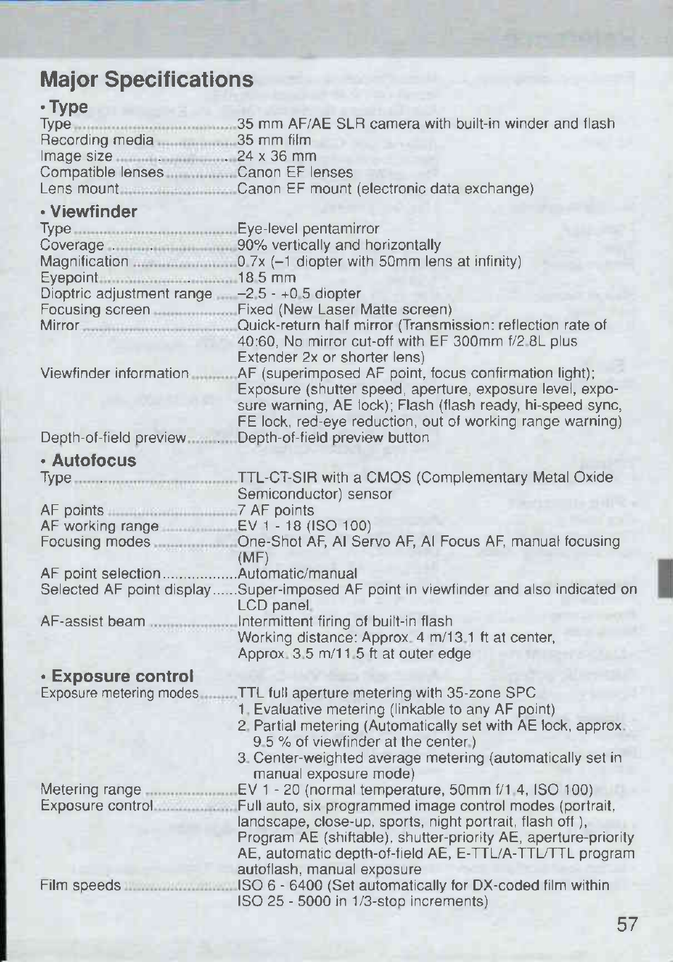 Major specifications, Type, Viewfinder | Canon Rebel Ti 300V User Manual | Page 57 / 60