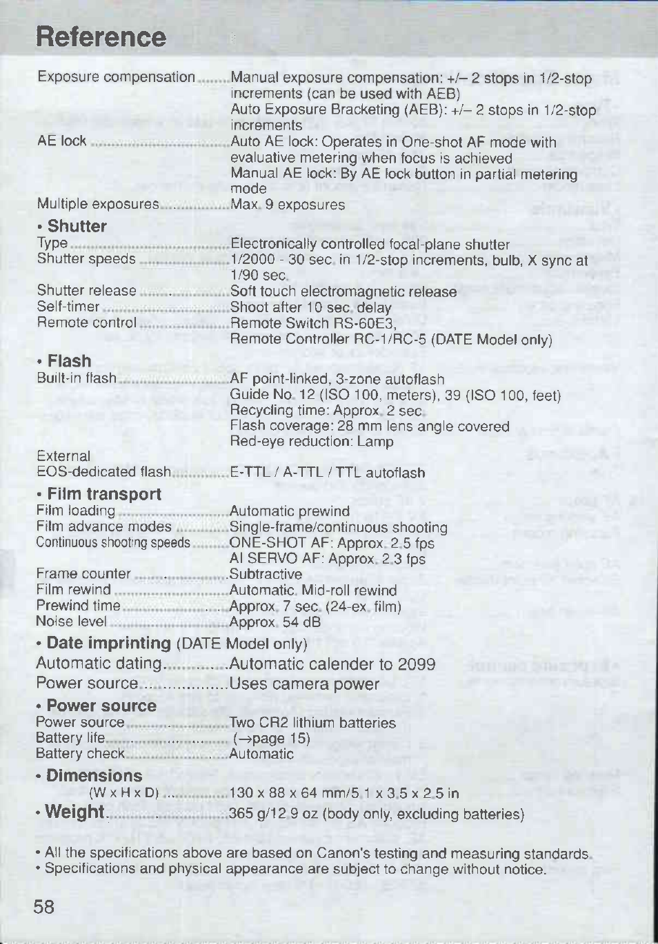 Reference, Weight, Shutter | Flash, Film transport, Date imprinting (date, Power source, Dimensions | Canon Rebel Ti 300V User Manual | Page 58 / 60