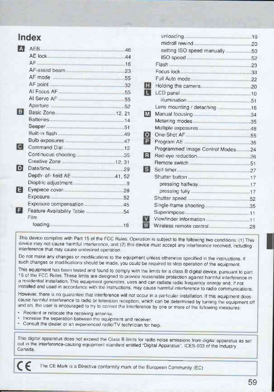 Index, Iso speed | Canon Rebel Ti 300V User Manual | Page 59 / 60