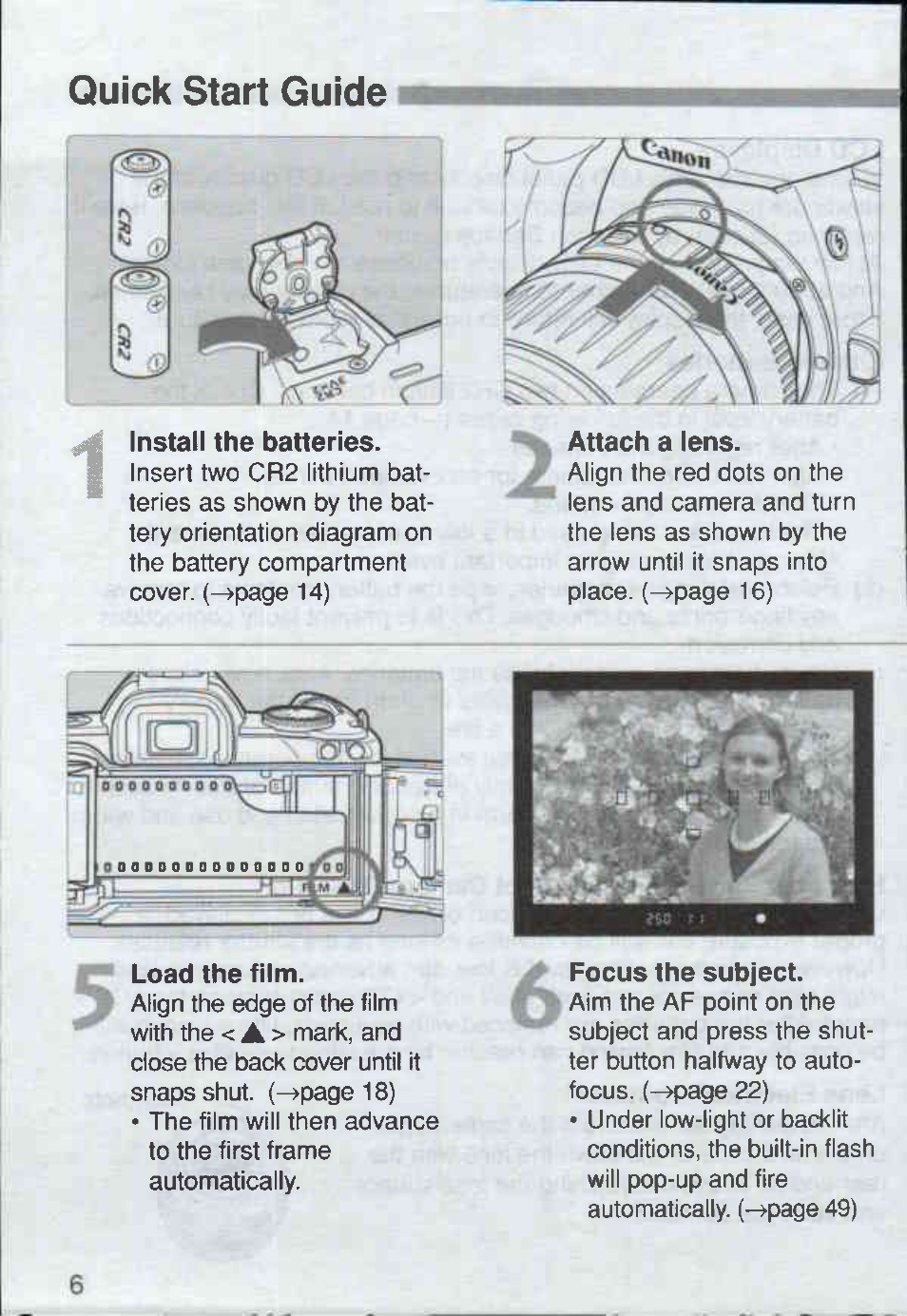 Quick start guide, Install the batteries, F focus the subject | Canon Rebel Ti 300V User Manual | Page 6 / 60