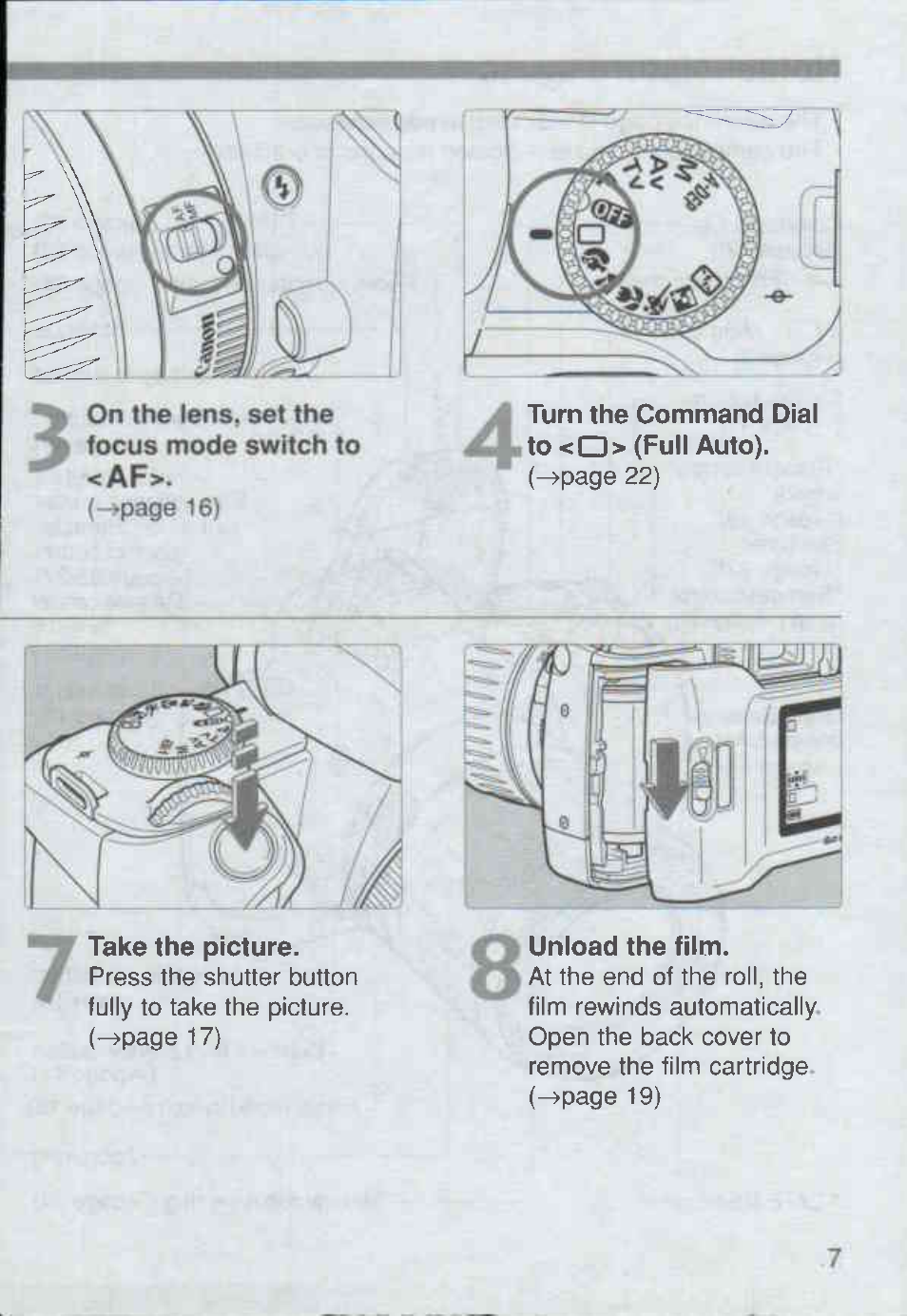 Turn the command dial tto <a> (full auto), Take the picture, Unload the film | Canon Rebel Ti 300V User Manual | Page 7 / 60