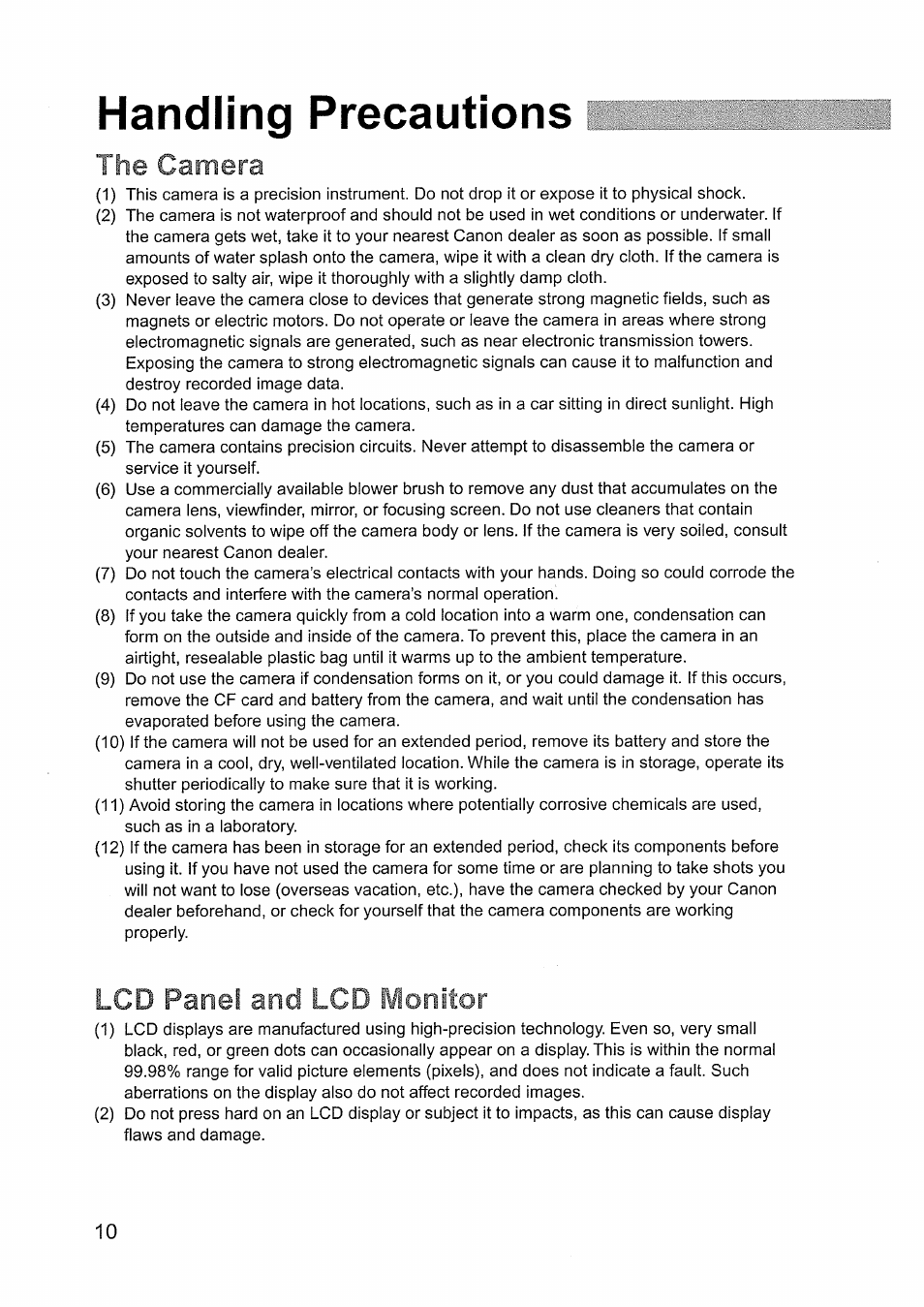 Handling precautions, The camera, Lcd panel and lcd monitor | Canon EOS D60 User Manual | Page 10 / 151