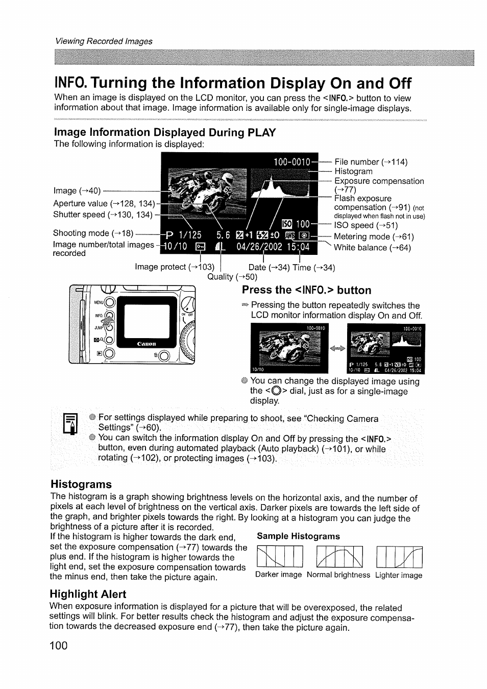 Info. turning the information display on and off, Image information displayed during play, Press the <inf0.> button | Histograms, Highlight alert | Canon EOS D60 User Manual | Page 102 / 151