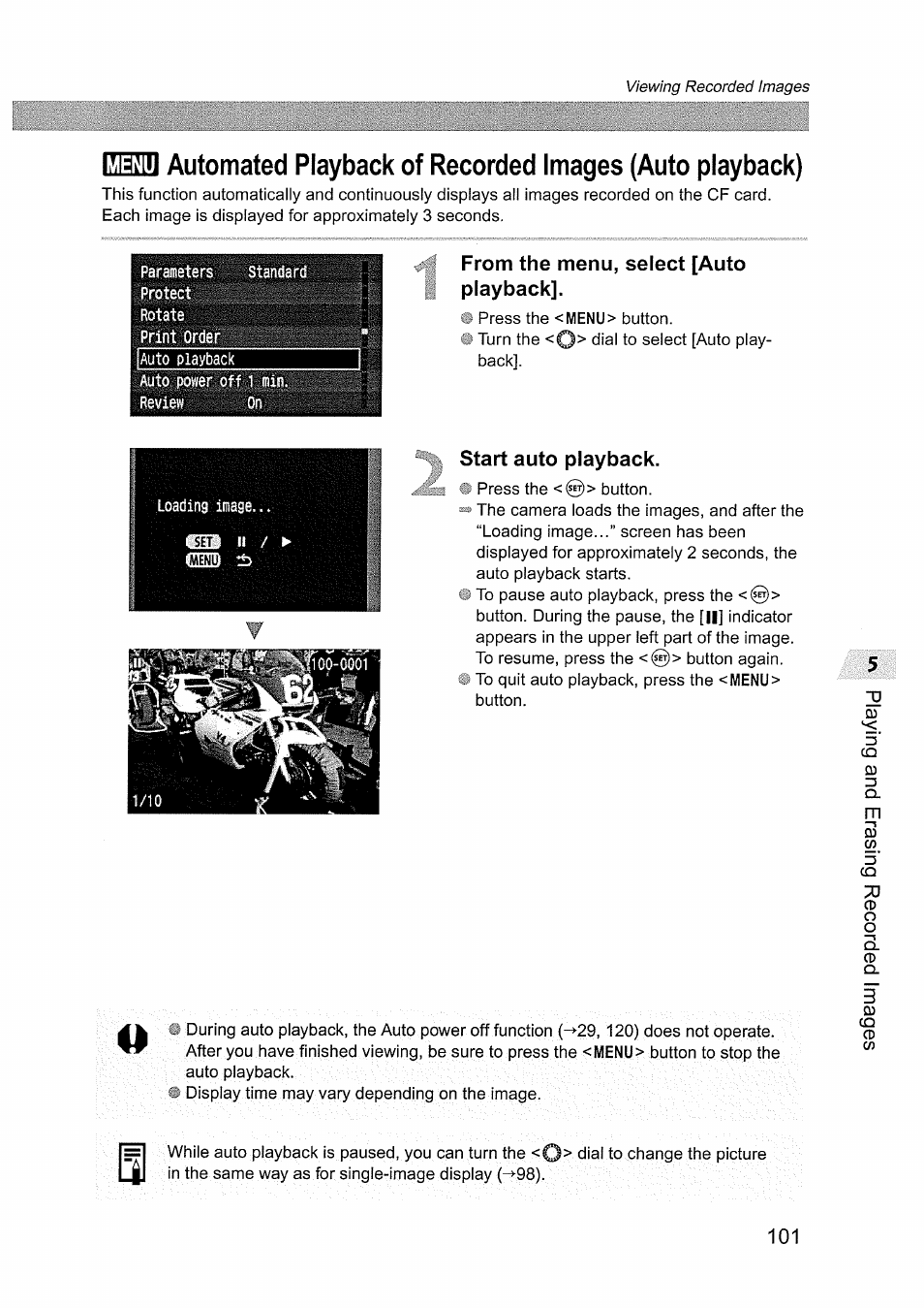 Menu, From the menu, select [auto playback, Start auto playback | Fffsl ii / ► start auto playback | Canon EOS D60 User Manual | Page 103 / 151