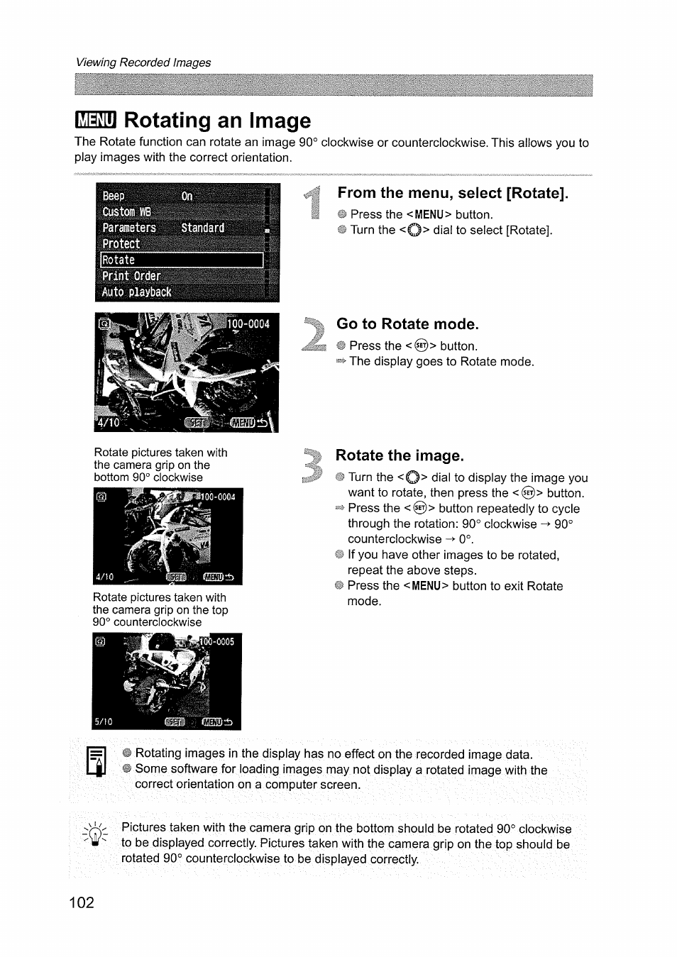 Rotating an image, From the menu, select [rotate, Go to rotate mode | Rotate the image, Emi rotating an image, Menu | Canon EOS D60 User Manual | Page 104 / 151