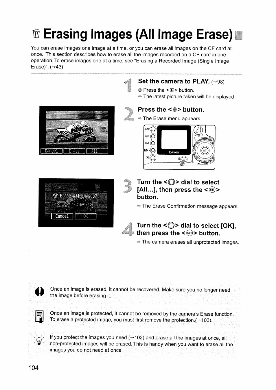 I erasing images (all image erase), Set the camera to play, (-^gs), Press the <ra> button | Canon EOS D60 User Manual | Page 106 / 151