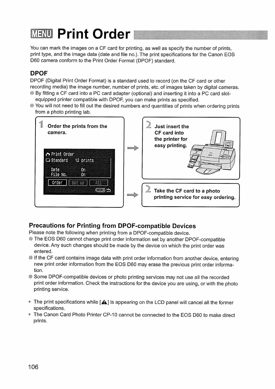 Print order, Dpof | Canon EOS D60 User Manual | Page 108 / 151