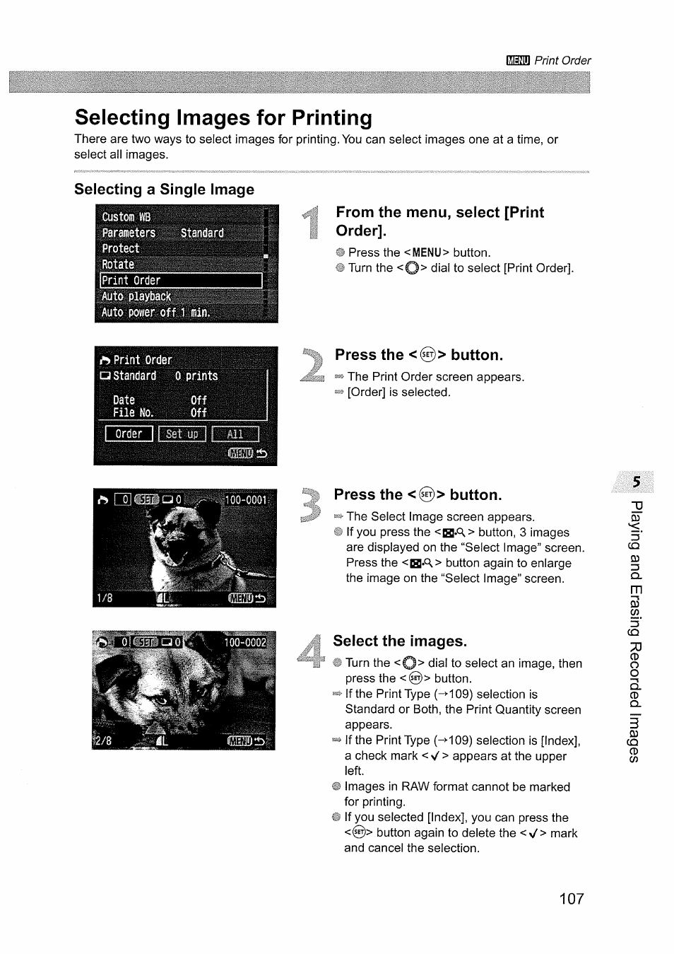 Selecting images for printing, Selecting a single image, From the menu, select [print order | Press the <0> button, Select the images | Canon EOS D60 User Manual | Page 109 / 151