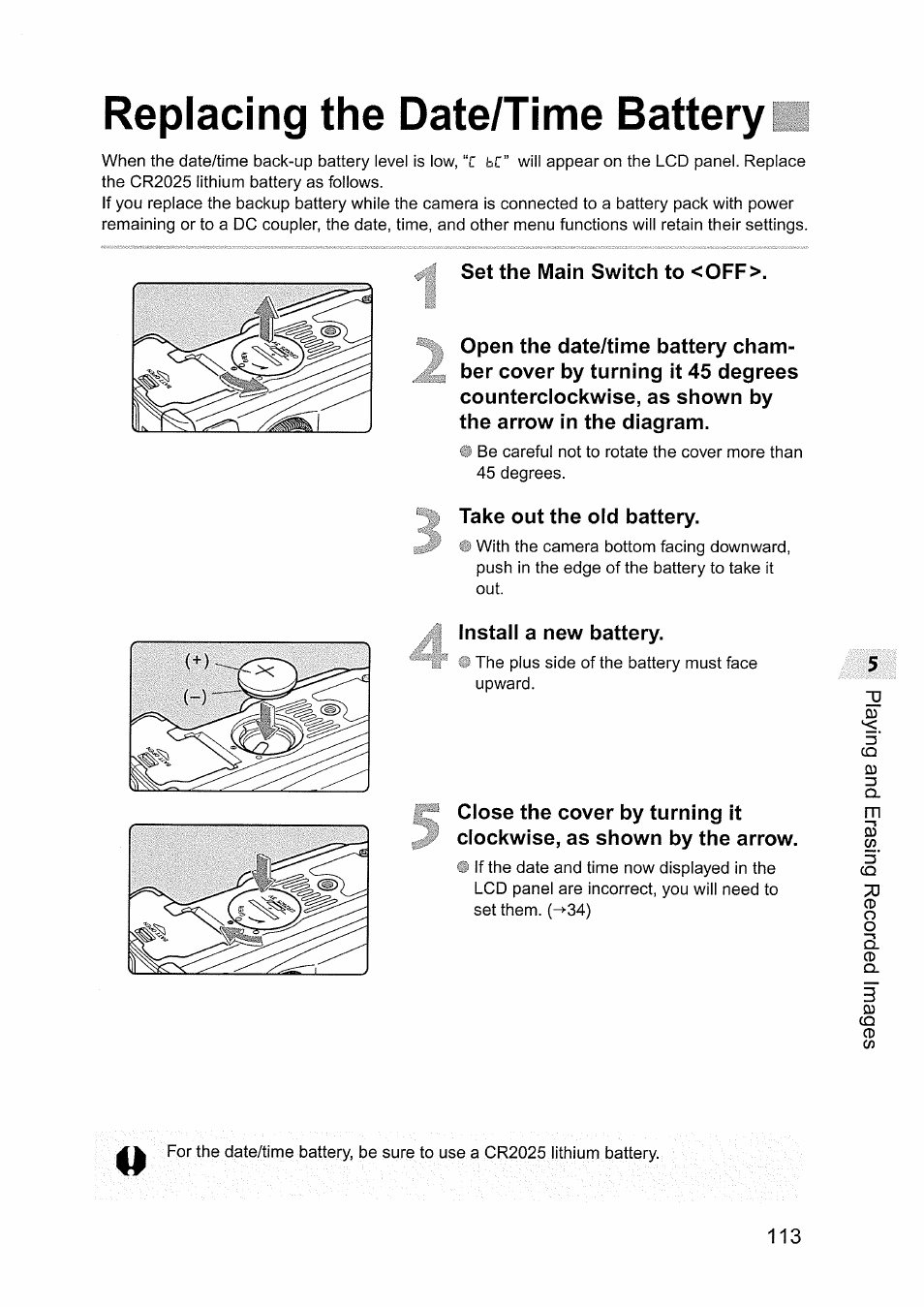 Replacing the date/time battery | Canon EOS D60 User Manual | Page 115 / 151