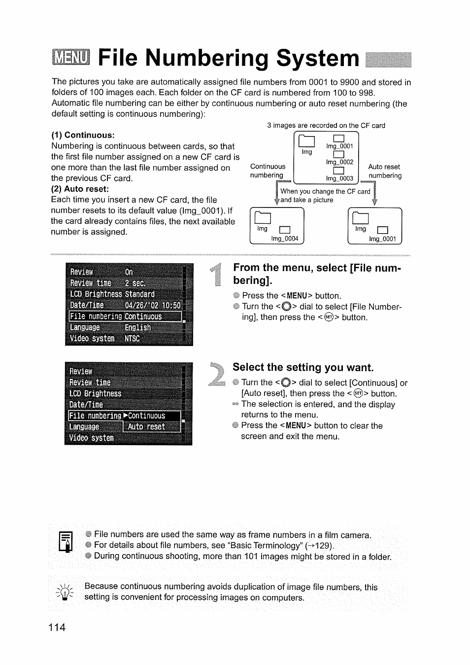 File numbering system, From the menu, select [file numbering, Select the setting you want | Canon EOS D60 User Manual | Page 116 / 151