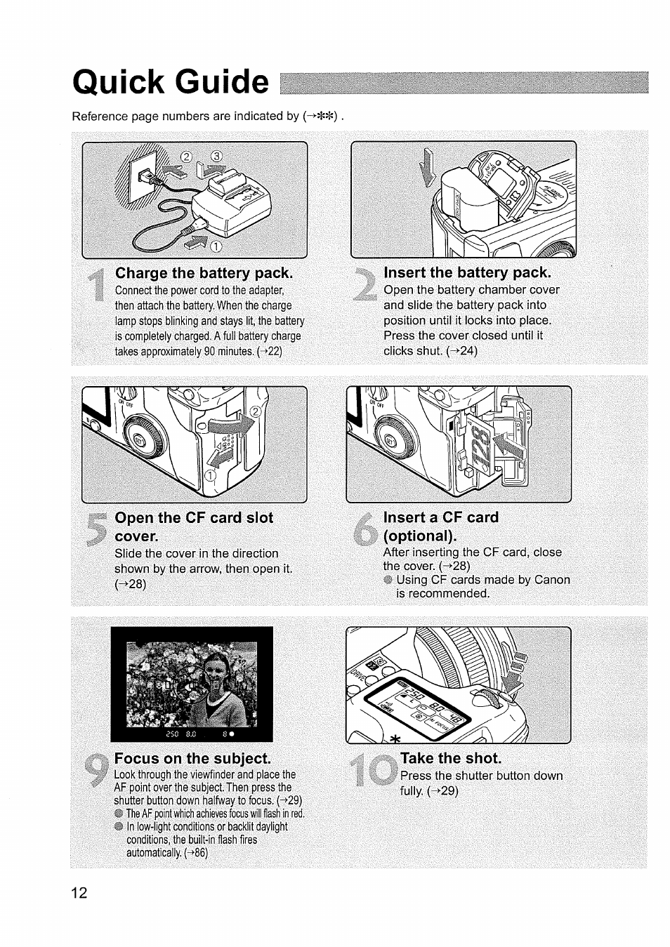 Quick guide, Charge the battery pack, Insert the battery pack | Cover, Optional), Focus on the subject | Canon EOS D60 User Manual | Page 12 / 151