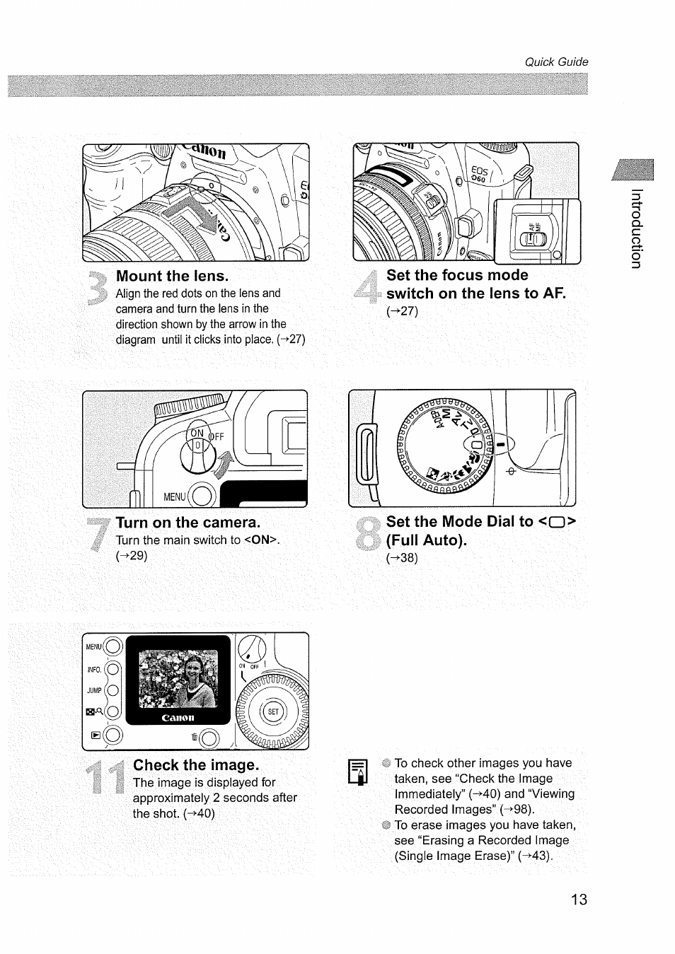 Mount the lens, Switch on the lens to af, Turn on the camera | Full auto), Check the image | Canon EOS D60 User Manual | Page 13 / 151