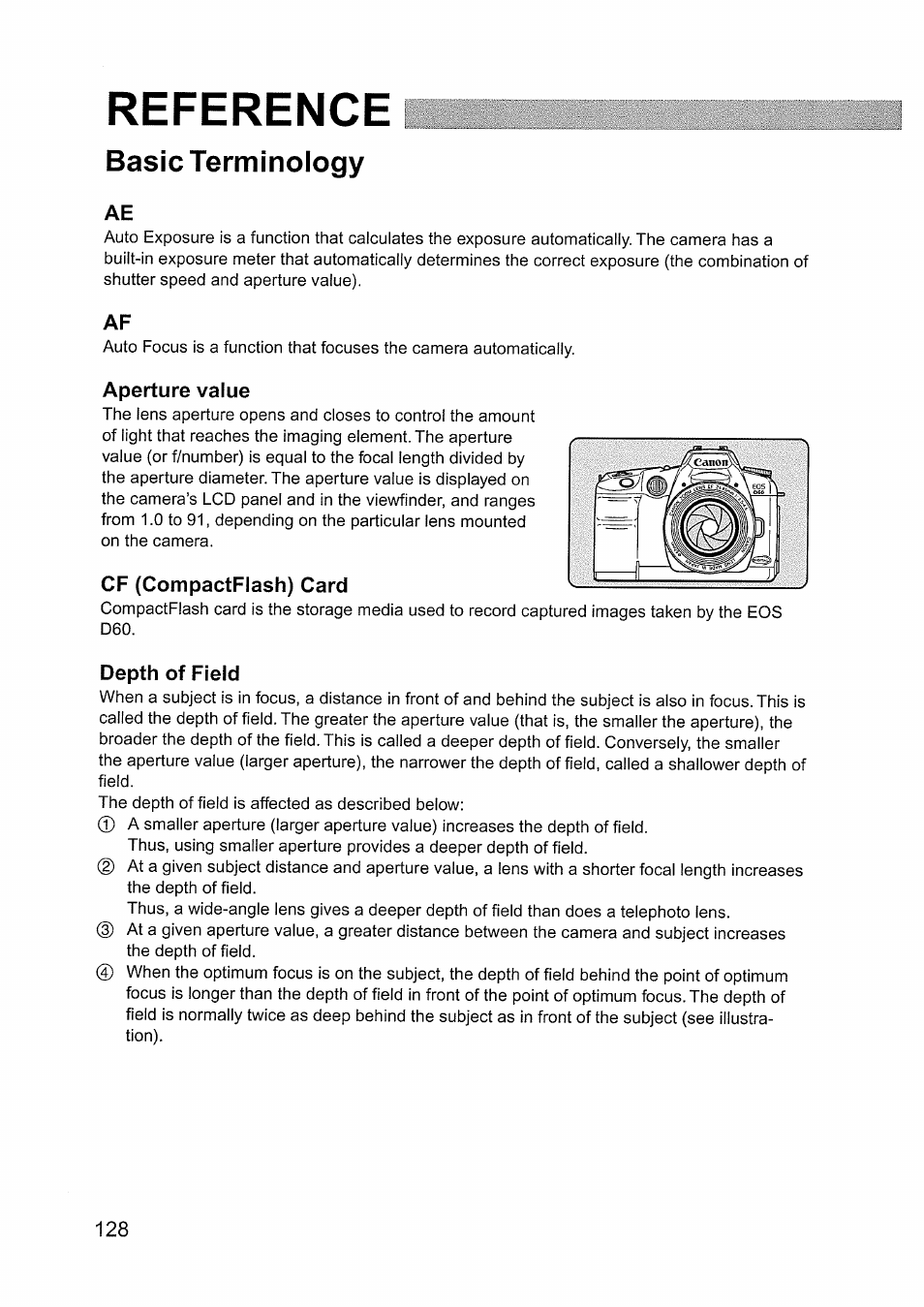 Reference, Basic terminology, Aperture value | Cf (compactflash) card, Depth of field | Canon EOS D60 User Manual | Page 130 / 151