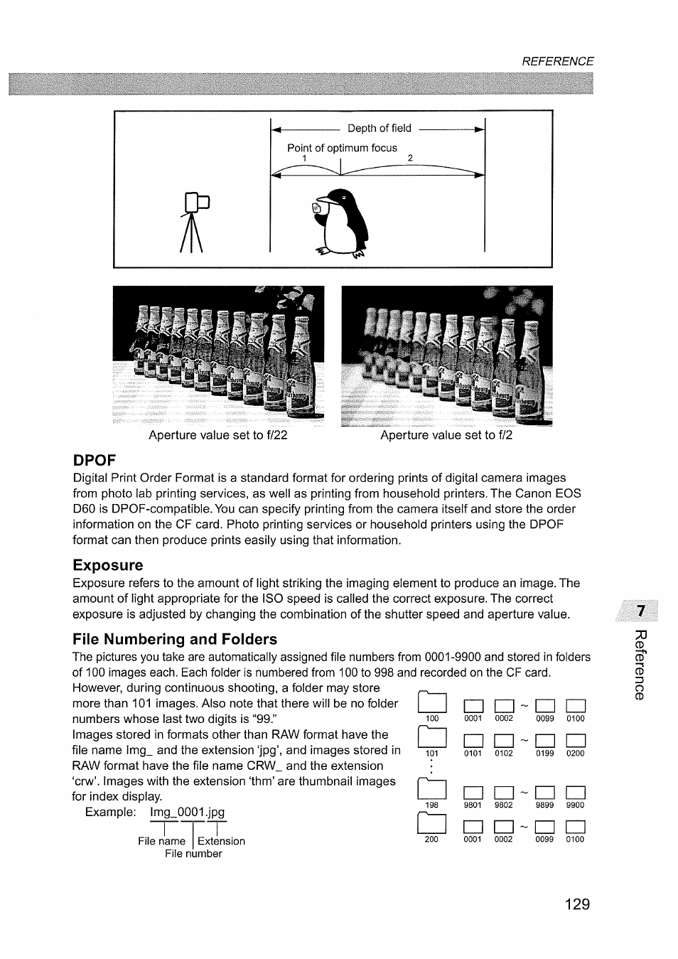 Dpof, Exposure, File numbering and folders | Si ts4 r fc.*9t | Canon EOS D60 User Manual | Page 131 / 151