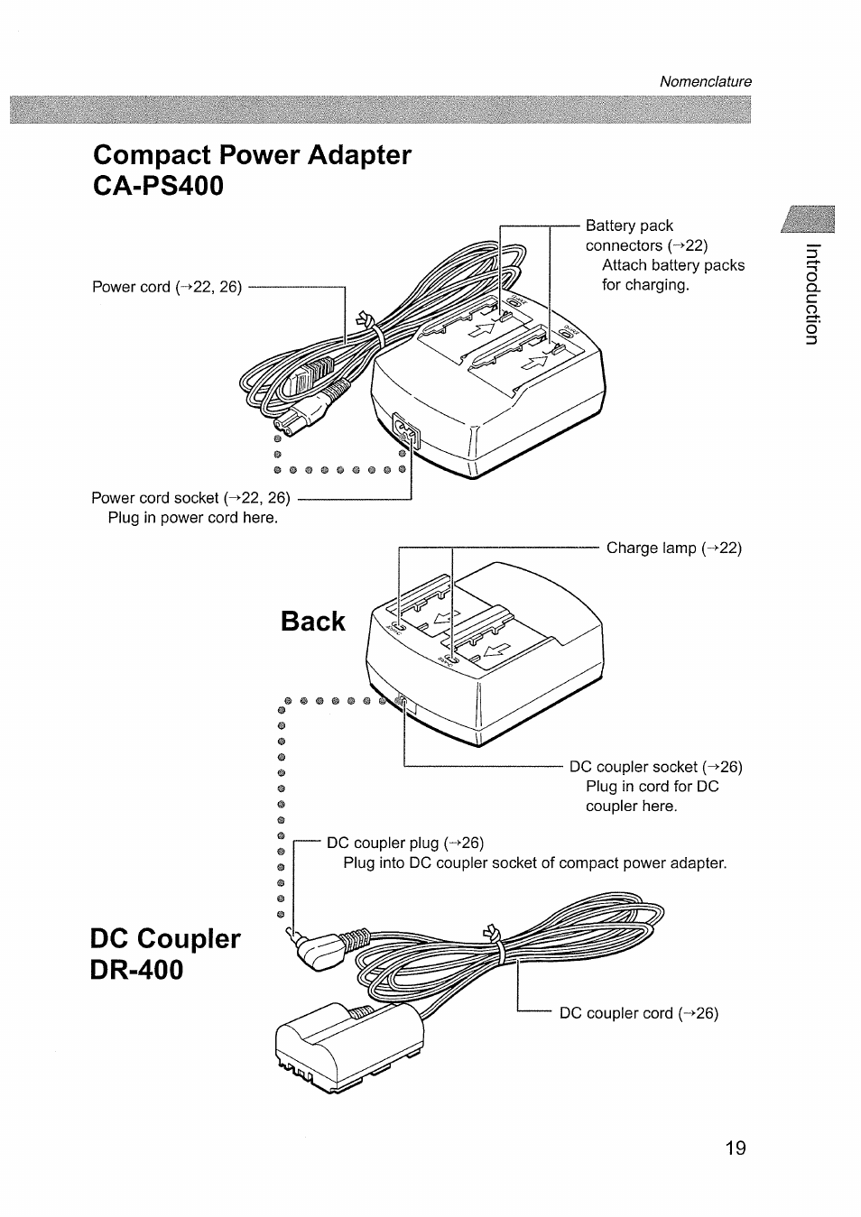 Compact power adapter ca-ps400, Back dc coupler dr-400 | Canon EOS D60 User Manual | Page 19 / 151