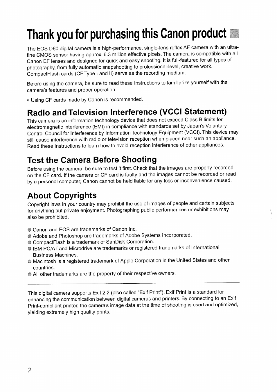Radio and television interference (vcci statement), Test the camera before shooting, About copyrights | Canon EOS D60 User Manual | Page 2 / 151