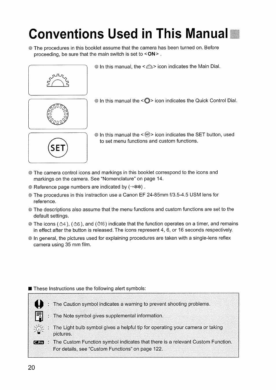 Conventions used in this manual | Canon EOS D60 User Manual | Page 20 / 151