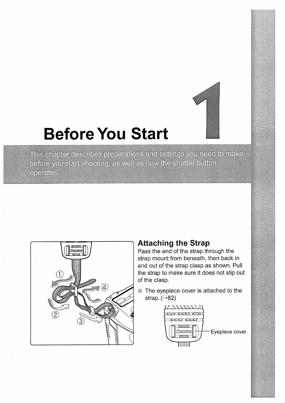 Before you start, Attaching the strap, 1 before you start | Canon EOS D60 User Manual | Page 21 / 151