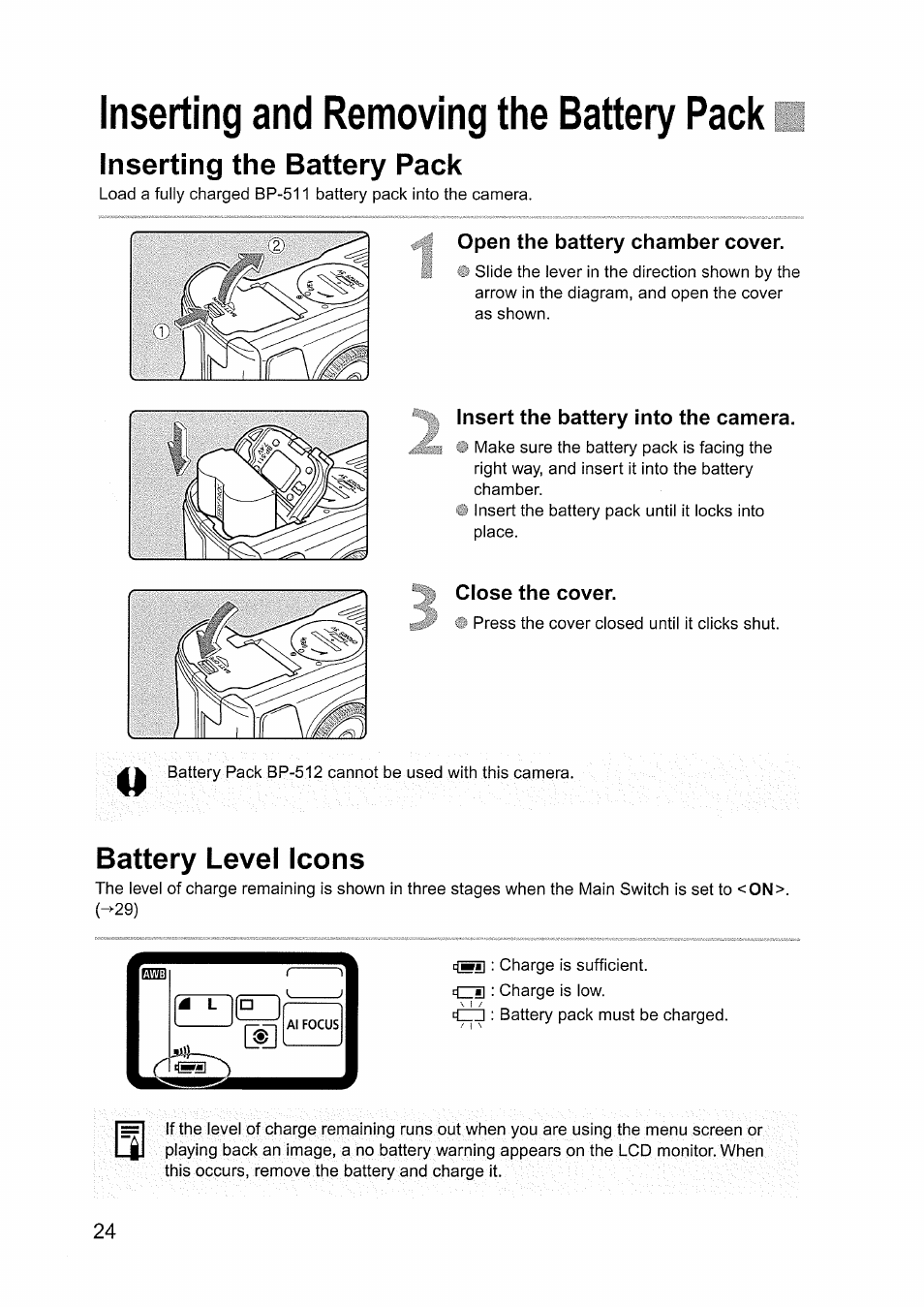 Inserting the battery pack, Open the battery chamber cover, Insert the battery into the camera | Close the cover, Battery level icons, Inserting and removing the battery pack | Canon EOS D60 User Manual | Page 24 / 151