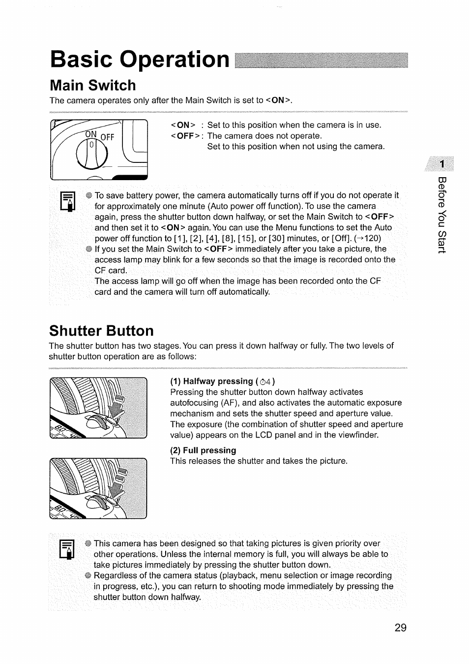 Basic operation, Main switch, Shutter button | Canon EOS D60 User Manual | Page 29 / 151