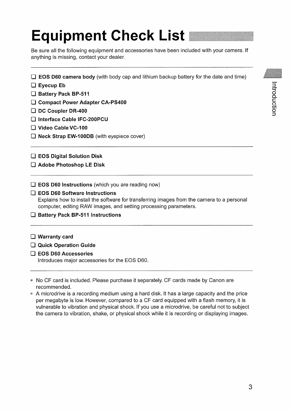 Equipment check list | Canon EOS D60 User Manual | Page 3 / 151