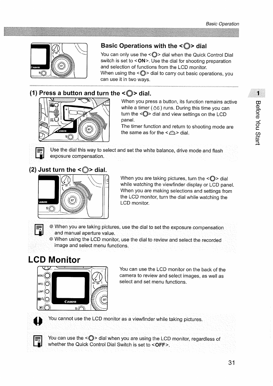 Basic operations with the <0>‘ dial, 1) press a button and turn the <q> dial, 2) just turn the <0> dial | Lcd monitor | Canon EOS D60 User Manual | Page 31 / 151