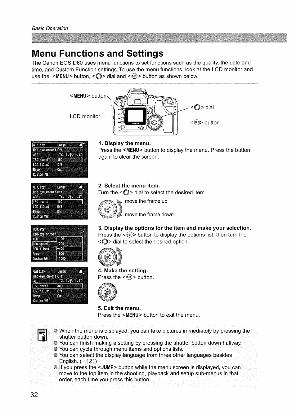 Menu functions and settings | Canon EOS D60 User Manual | Page 32 / 151