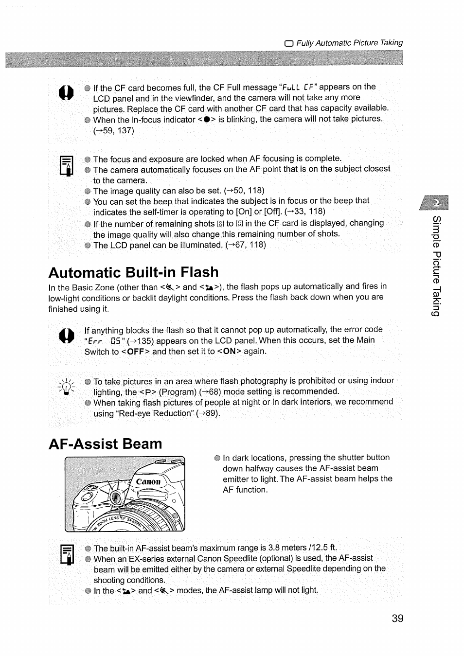 Automatic built-in flash, Af-assrst beam, Af-assist beam | Canon EOS D60 User Manual | Page 39 / 151