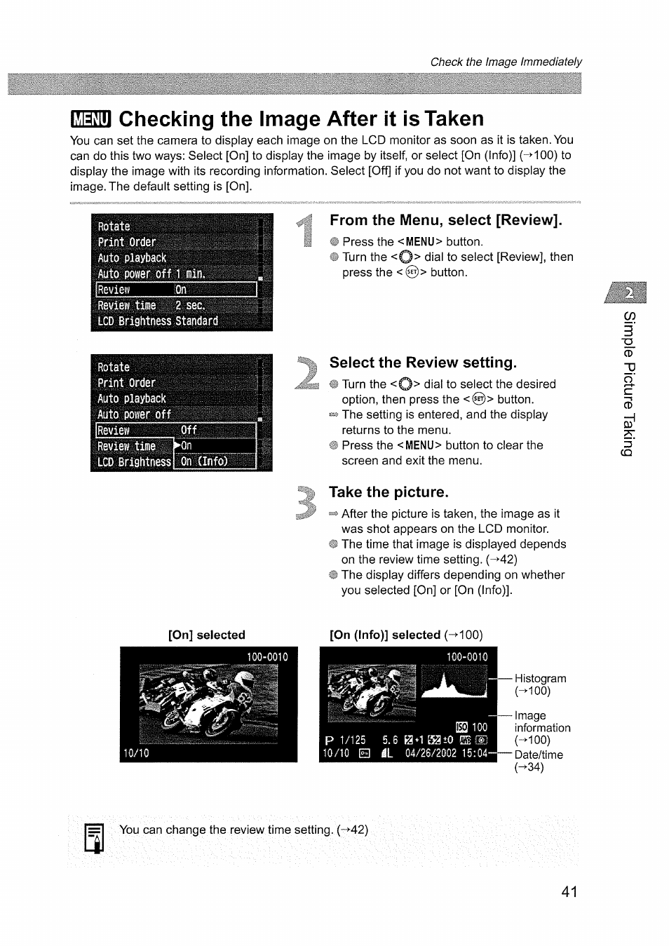 Checking the image after it is taken, From the menu, select [review, Select the review setting | Take the picture, Menu | Canon EOS D60 User Manual | Page 41 / 151