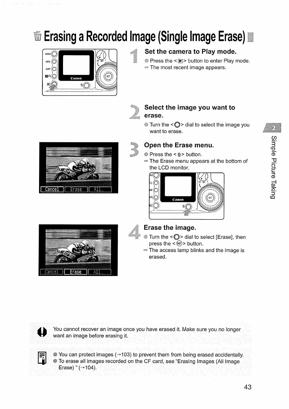 Set the camera to play mode, Select the image you want to erase, Open the erase menu | Erase the image, I erasing a recorded image (single image erase) | Canon EOS D60 User Manual | Page 43 / 151