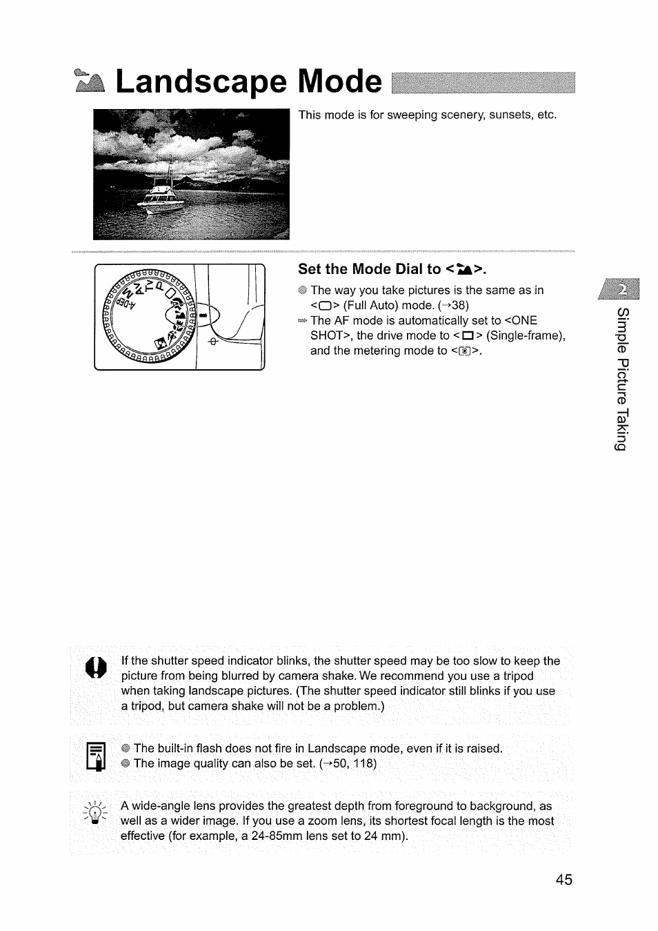 Set the mode dial to, Landscape mode | Canon EOS D60 User Manual | Page 45 / 151