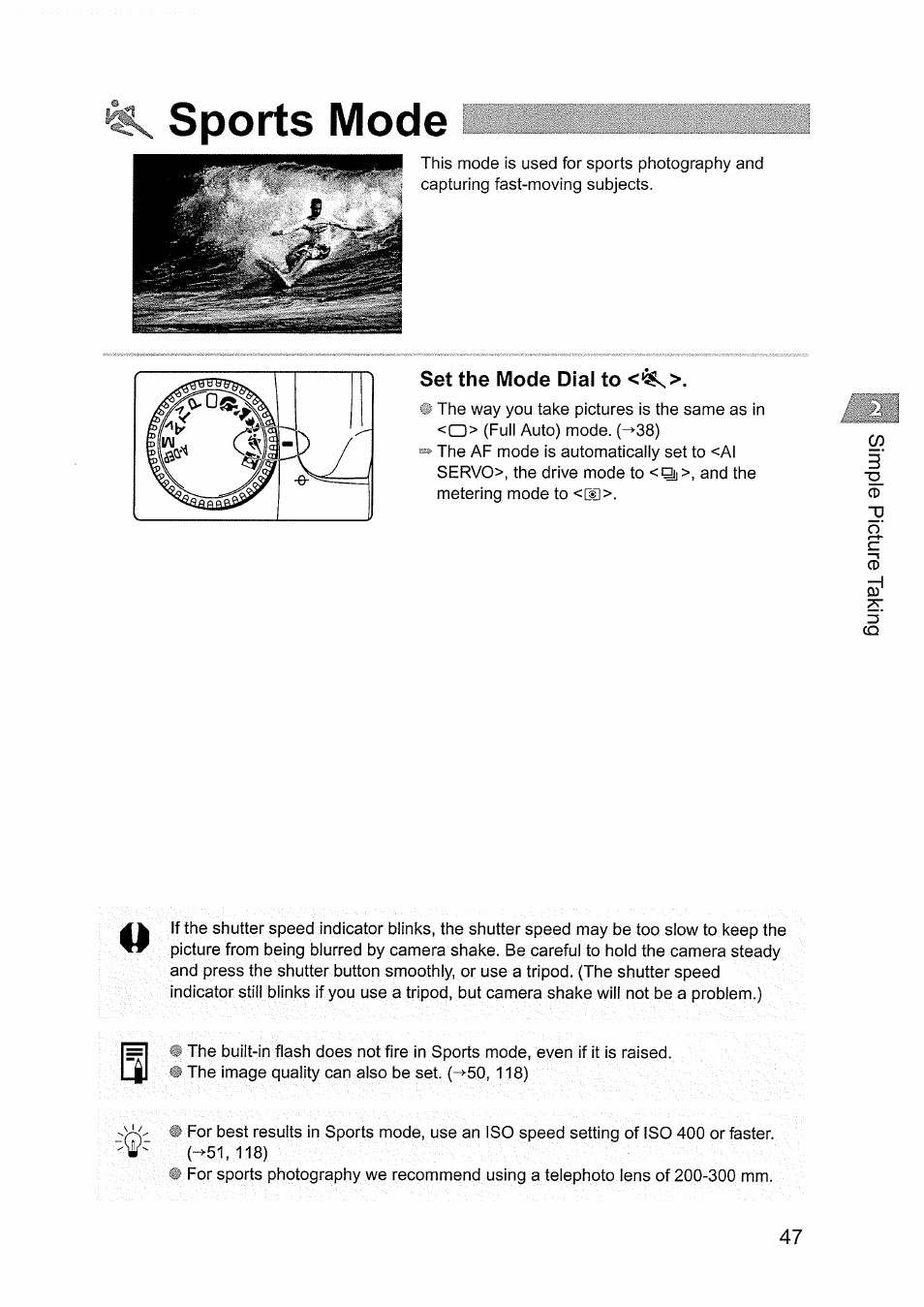 Set the mode dial to, Sports mode | Canon EOS D60 User Manual | Page 47 / 151