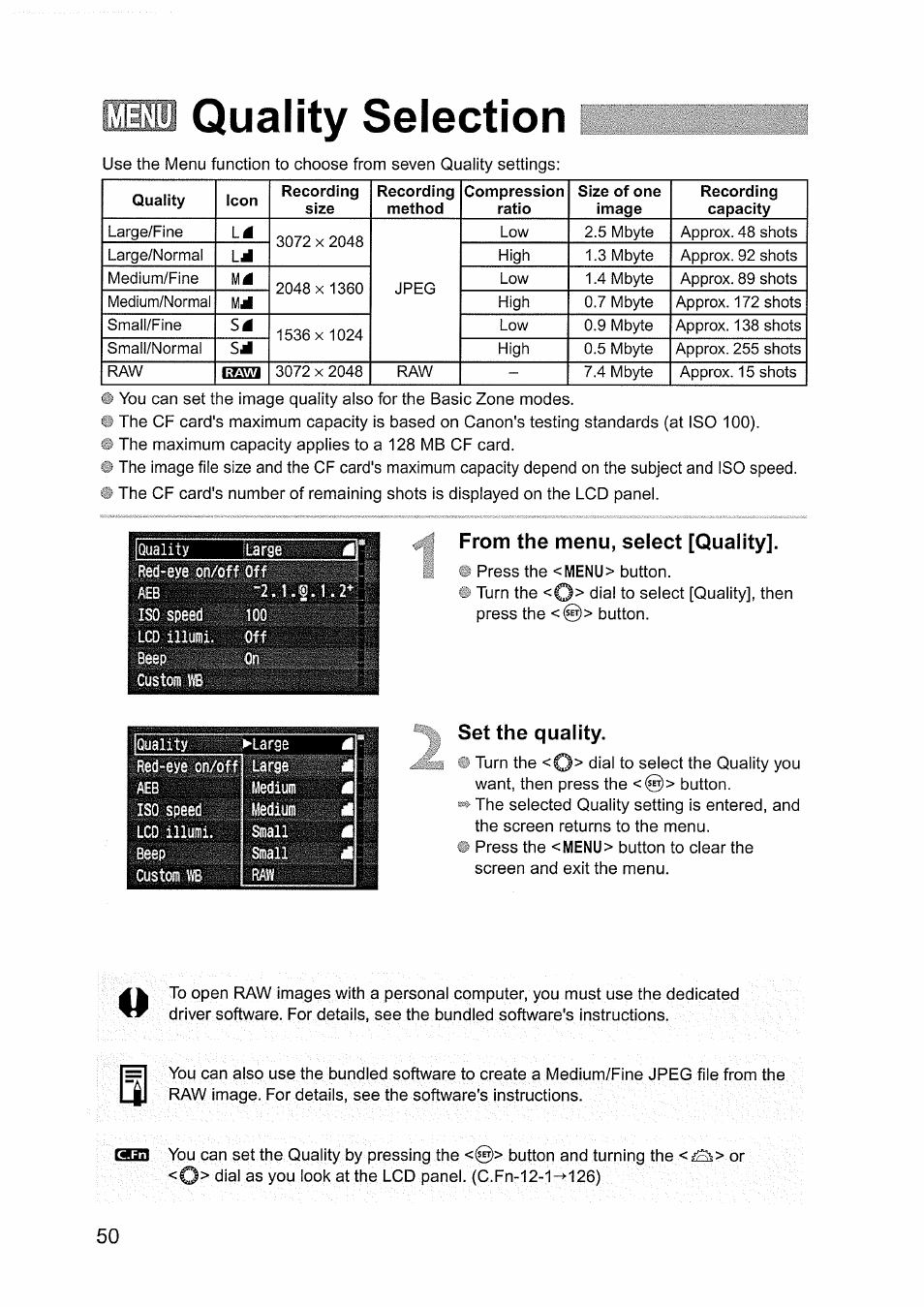 Quality selection, From the menu, select [quality, Set the quality | Imffl quality selection | Canon EOS D60 User Manual | Page 50 / 151