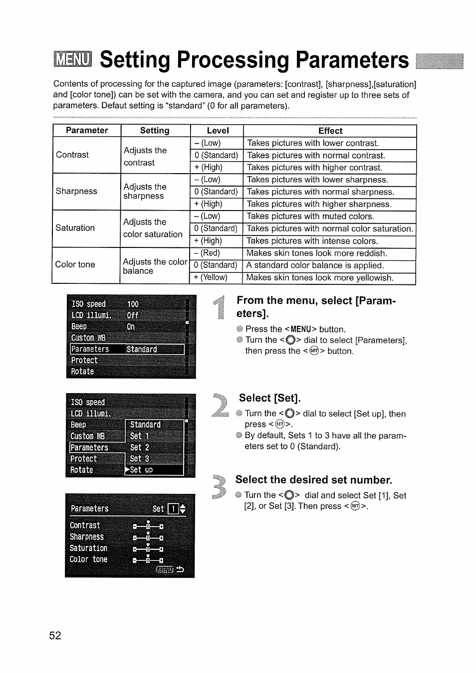 Setting processing parameters, From the menu, select [parameters, Select [set | Select the desired set number | Canon EOS D60 User Manual | Page 52 / 151