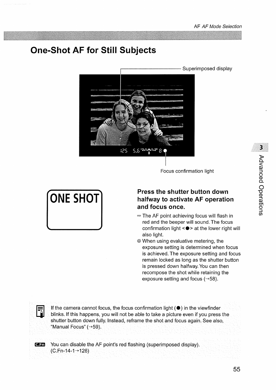 One-shot af for still subjects, One shot | Canon EOS D60 User Manual | Page 55 / 151