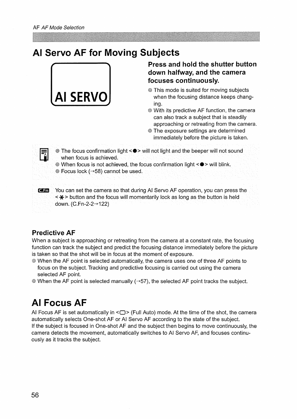 Al servo af for moving subjects, Predictive af, Al focus af | Al servo | Canon EOS D60 User Manual | Page 56 / 151