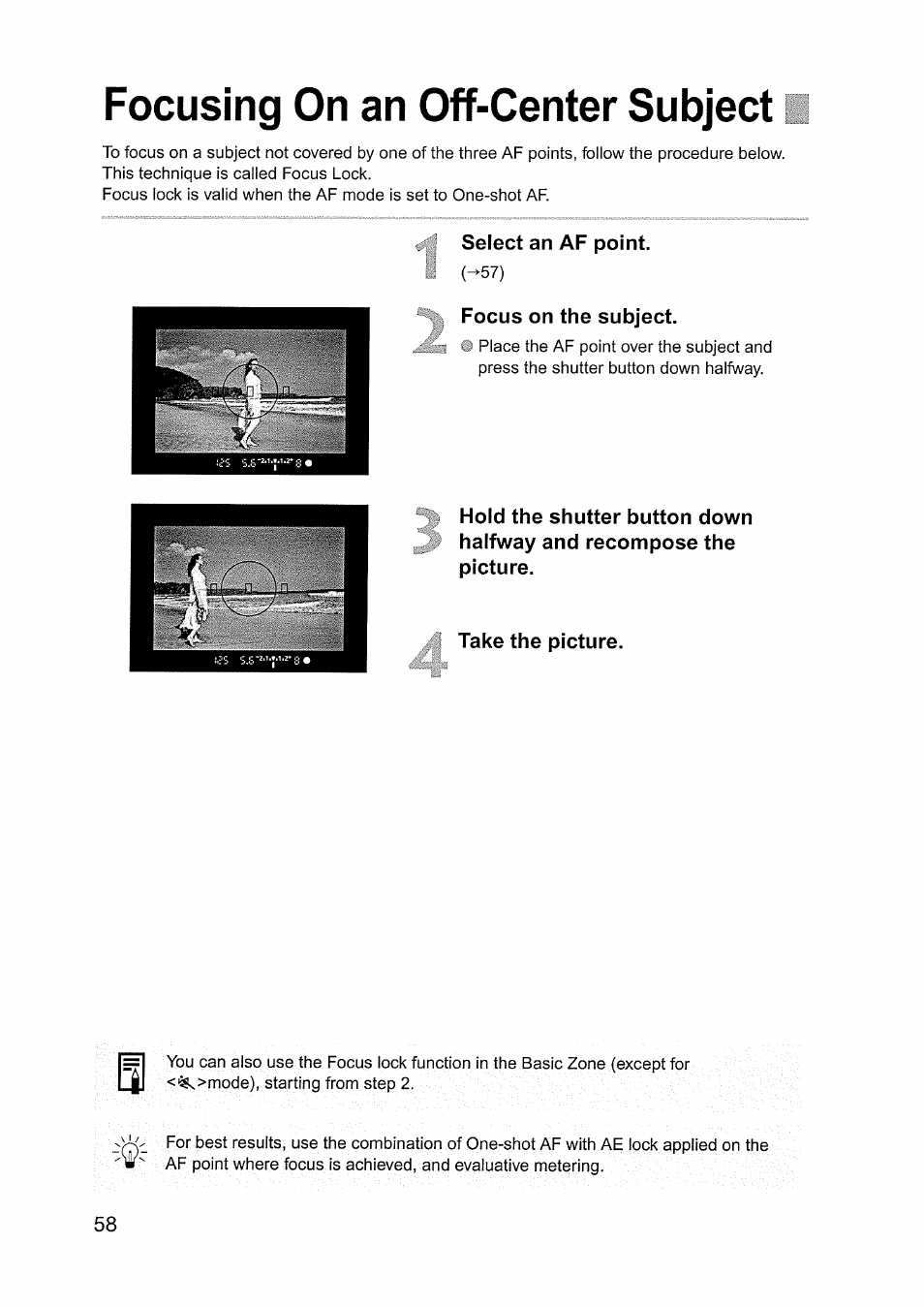Focusing on an off-center subject, Select an af point, Focus on the subject | Take the picture | Canon EOS D60 User Manual | Page 58 / 151