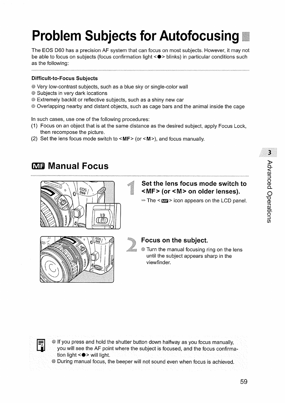Problem subjects for autofocusing, Manual focus, Focus on the subject | Dq manual focus | Canon EOS D60 User Manual | Page 59 / 151