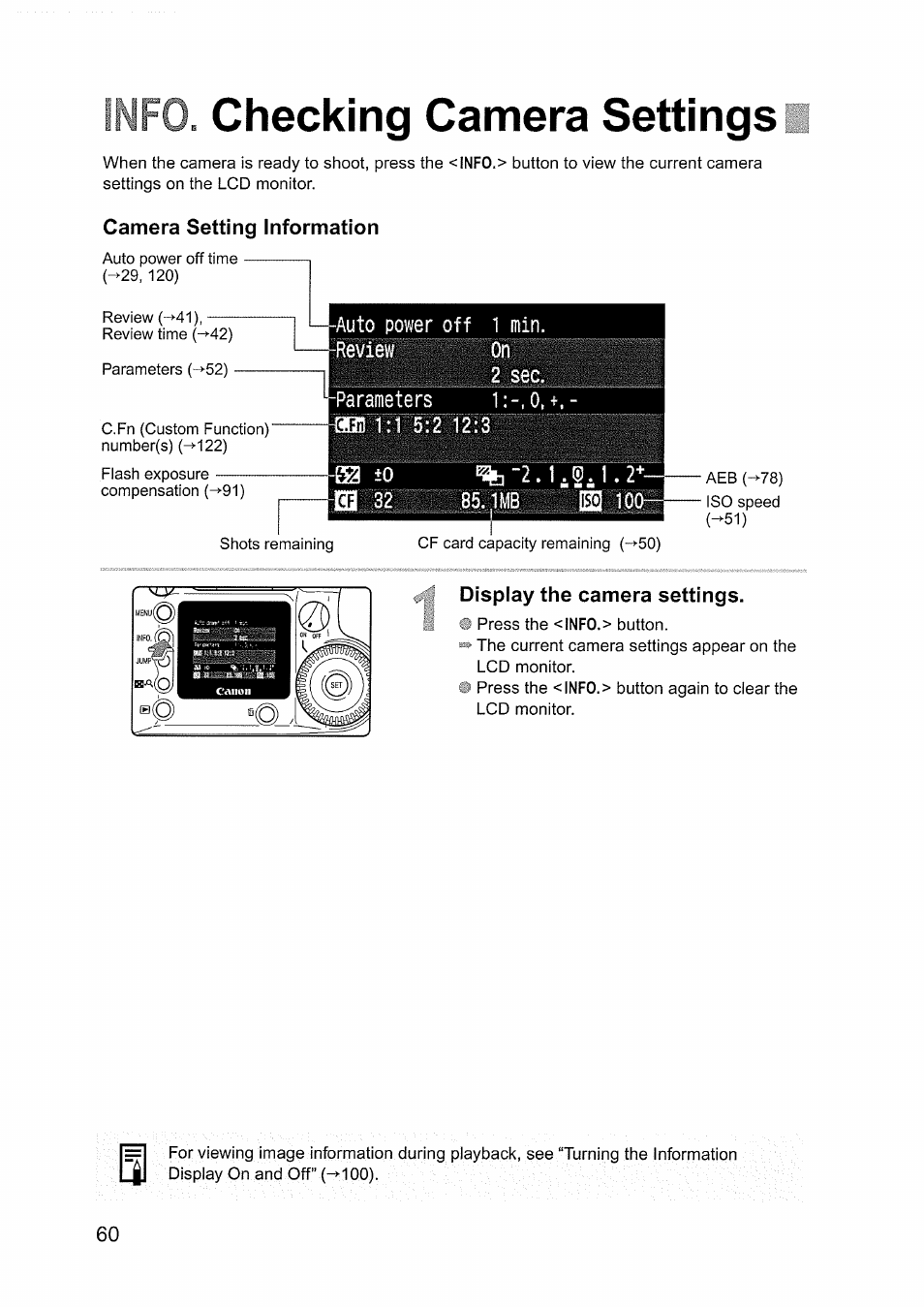 Camera setting information, Display the camera settings, Mfo. checking camera settings | Canon EOS D60 User Manual | Page 60 / 151