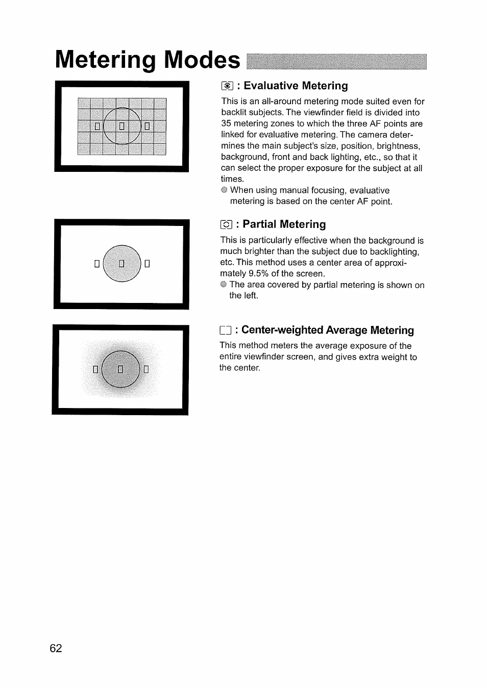Metering modes, Evaluative metering, Partial metering | Cil: center-weighted average metering | Canon EOS D60 User Manual | Page 62 / 151